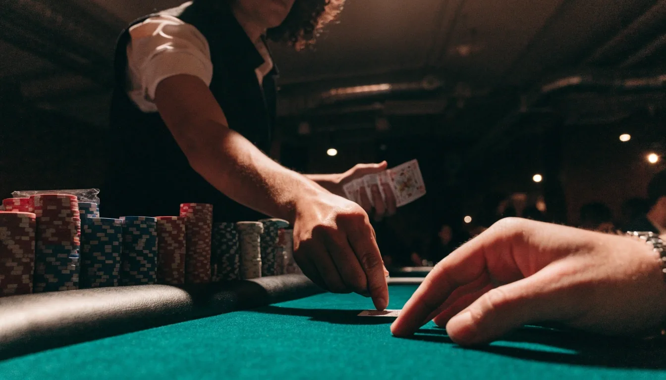 Dealer rozdává karty na zeleném suknu pokerového stolu v herně