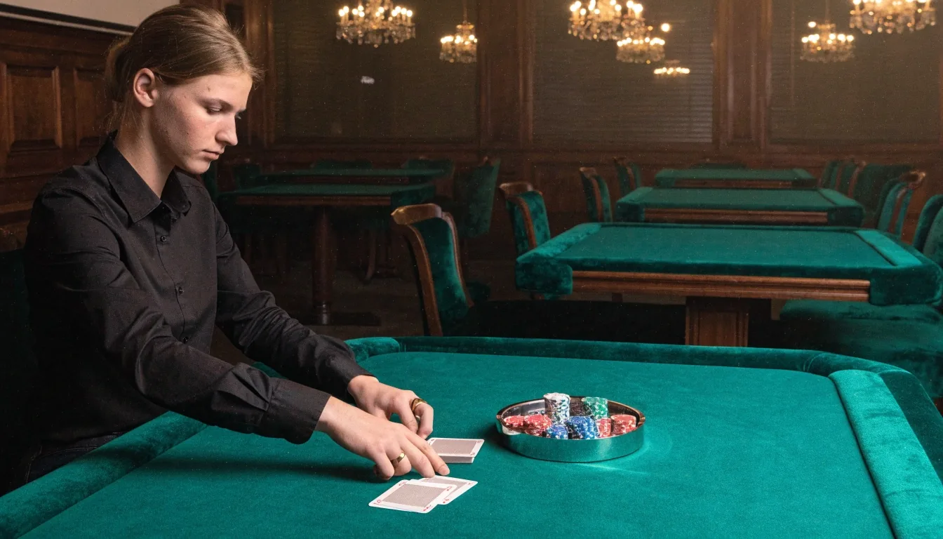 Soukromý sál připravený na uzavřenou pokerovou akci s prázdnými stoly