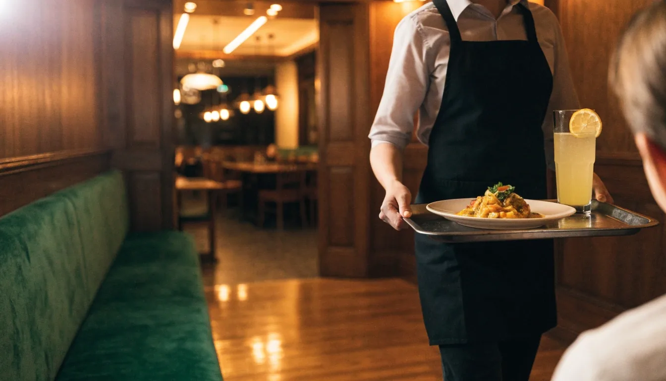 Prostřený stůl v restauraci Dvůr Zelený s teplým jídlem a nealkoholickými nápoji