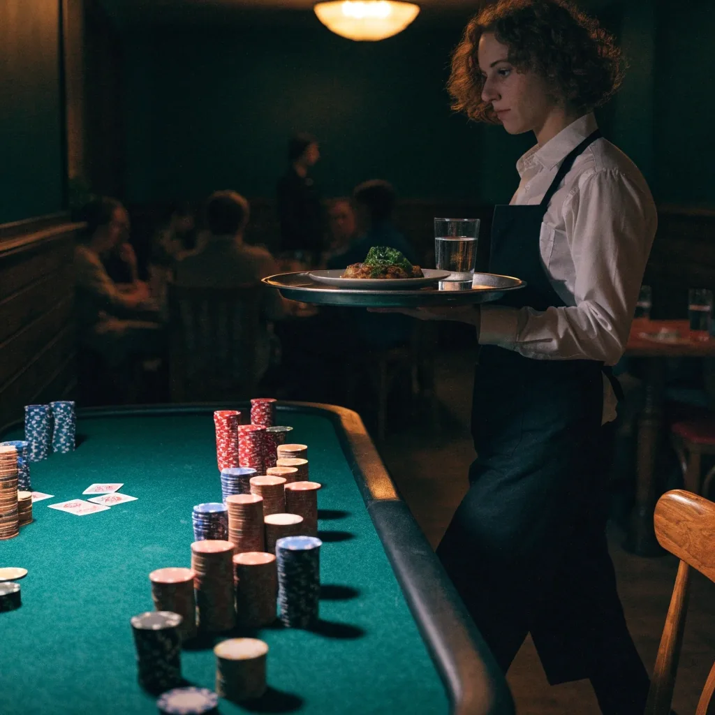 Pokerové žetony a karty na zeleném flícovém stole