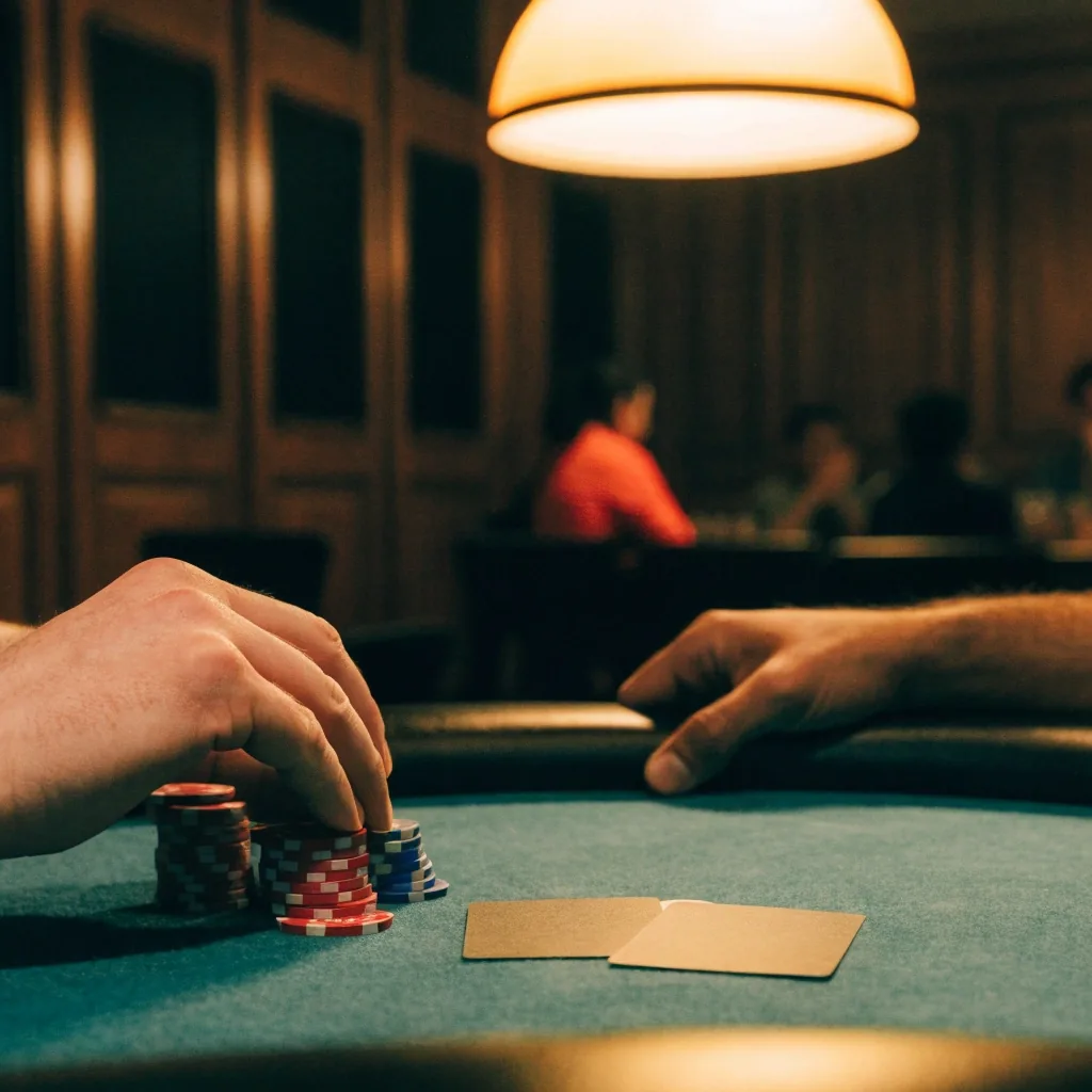 Karty a žetony na zeleném suknu pokerového stolu při sehrávce