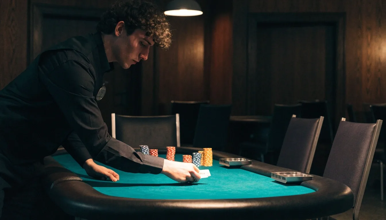 Pokerový stůl s krytou deskou, žetony a rozdanými kartami v herně Dvora Zeleného