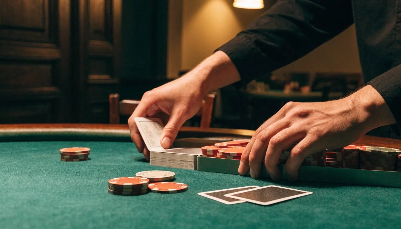 Pokerový stůl ve Dvoře Zeleném s rozdanými kartami a žetony