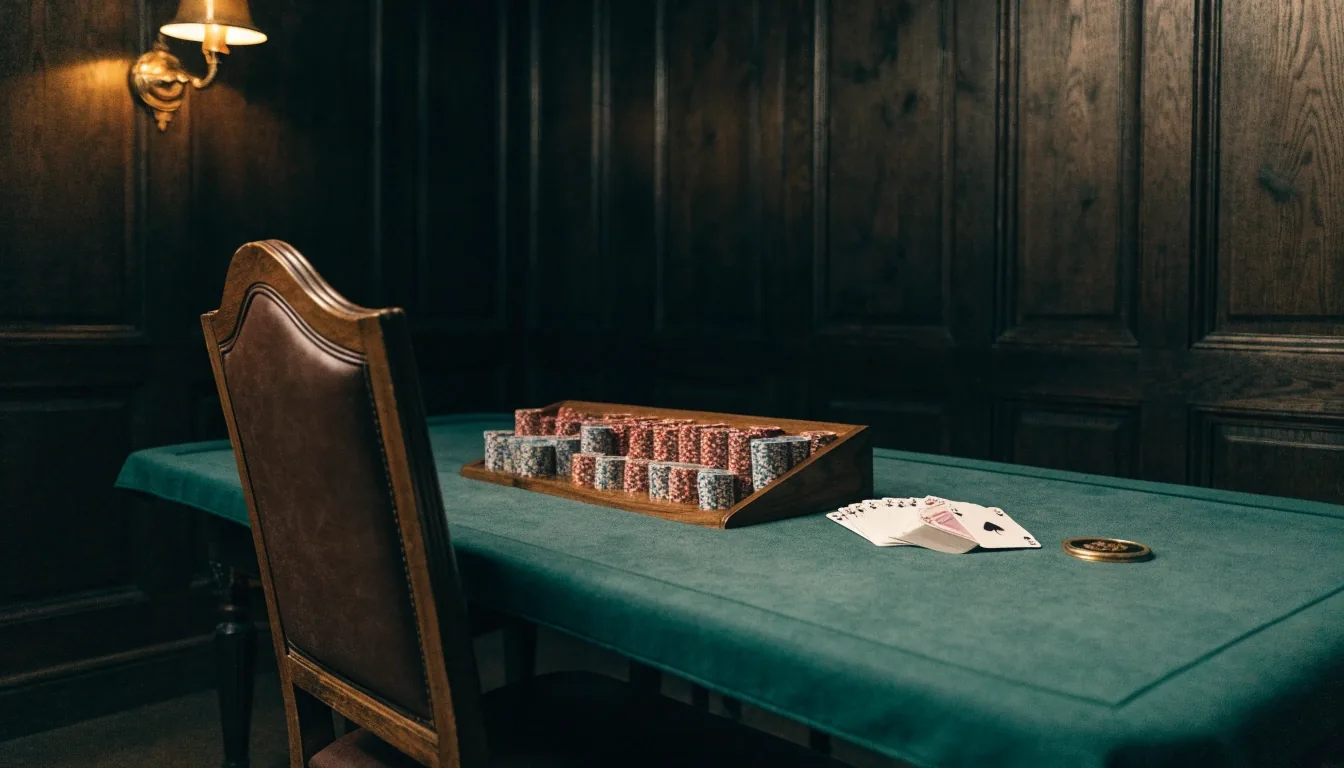 Detail pokerových žetonů na zelené plstě v tmavém interiéru herny