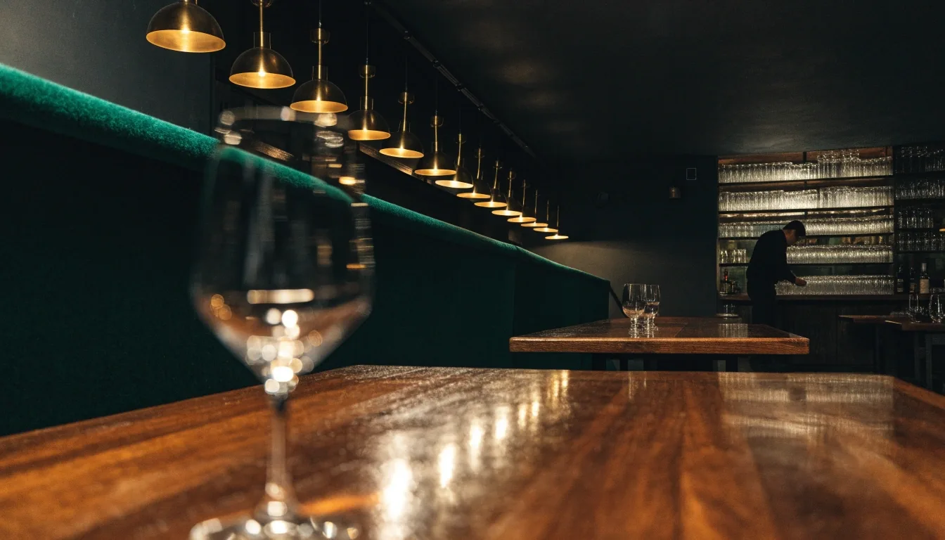Tmavý interiér restaurace Dvůr Zelený s mosaznými světly a zeleným lemem místnosti