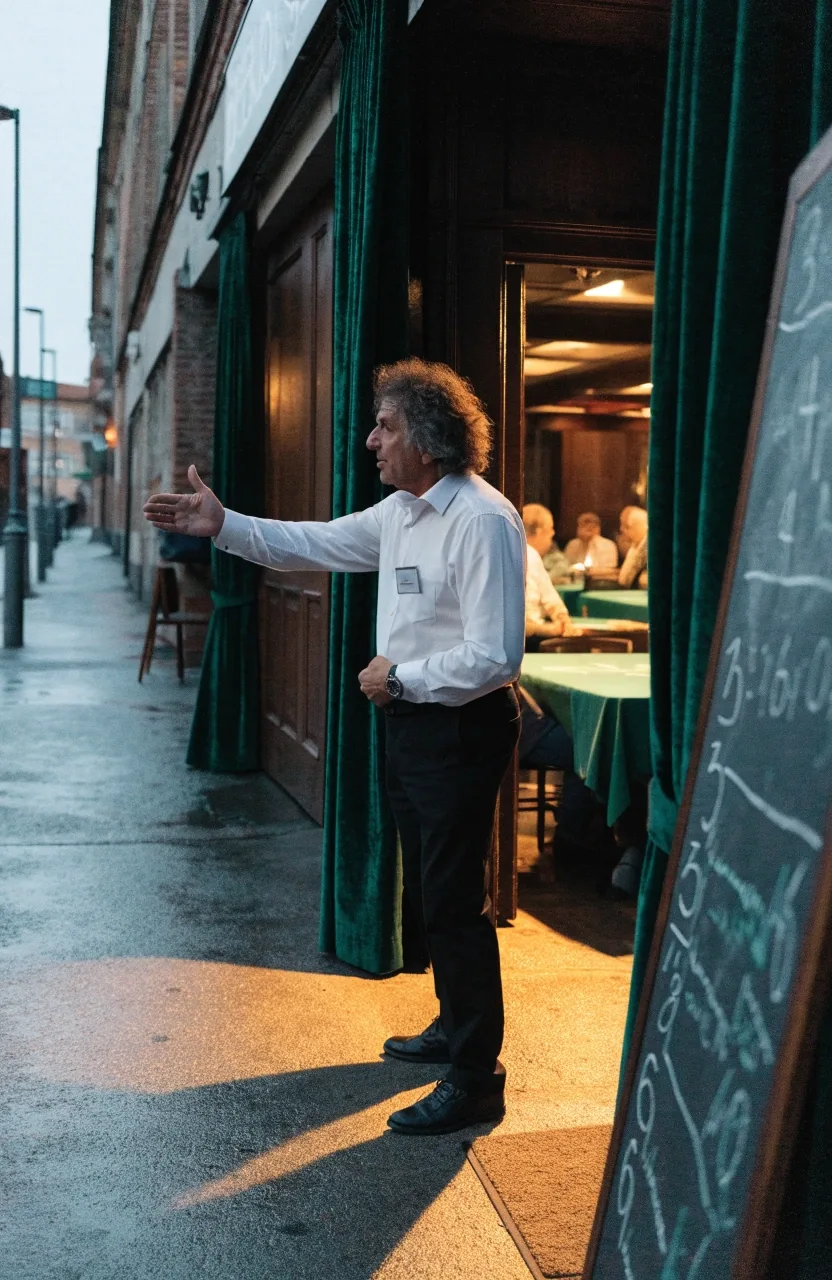 Večerní exteriér restaurace s hernou, teplé světlo z oken, karty a žetony na parapetu